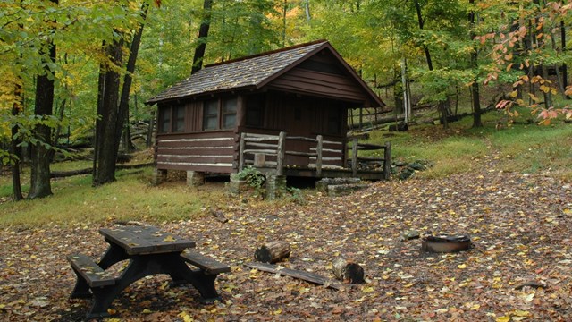 A wooden cabin in the woods