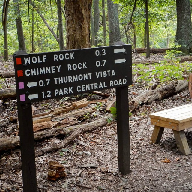 Trailhead sign and a wooden bench 