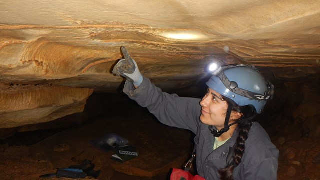 photo of a cave scientist examining rocks and fossils in a cave wall.