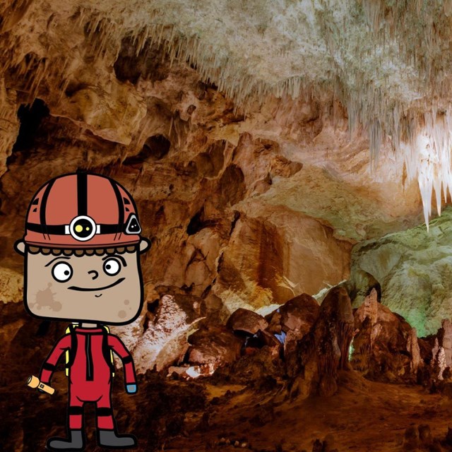 a cartoon image of a caver superimposed onto a photo of the inside of a cave