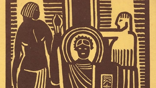 Image of an old flyer about Negro History Week depicting three figures.