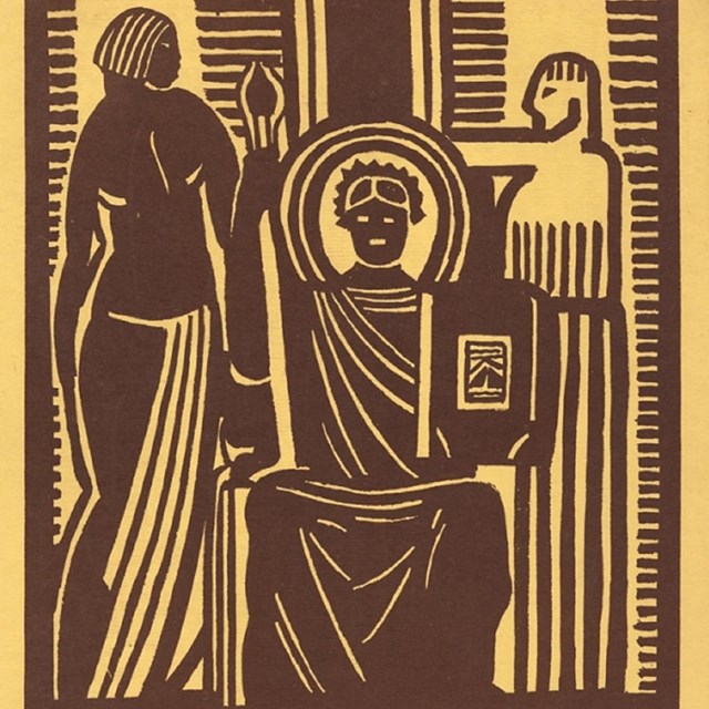 Image of an old flyer about Negro History Week depicting three figures.