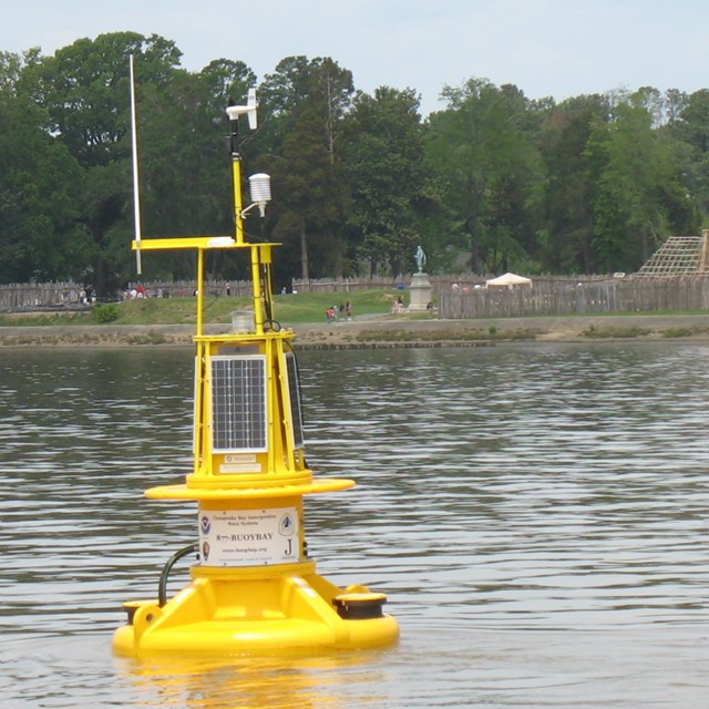 Bright yellow instrument in the water that can relay data of water conditions