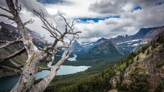 View overlooking forested mountain valley on a cloudy day. Snowcapped peaks surround lakes