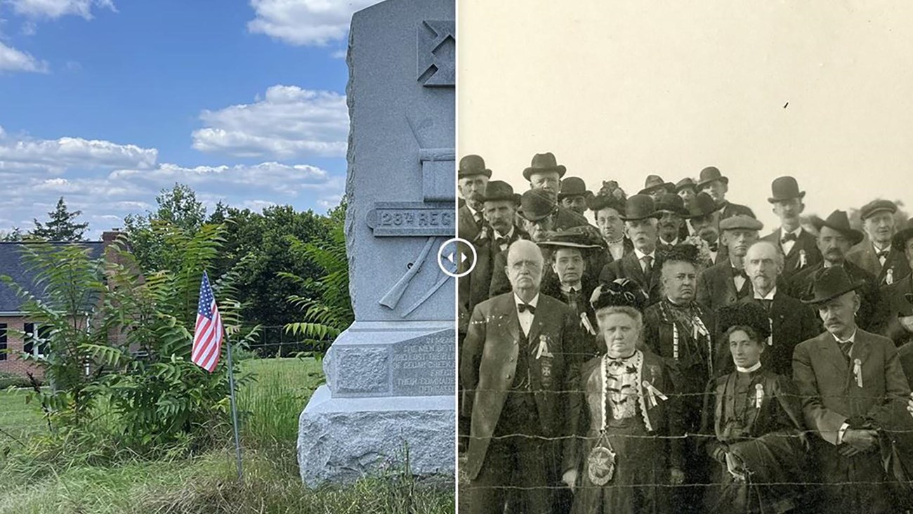 Overlay of modern and historic photos of the 128th New York Monument. 
