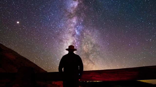 A ranger is silhouetted in front of the milky way.
