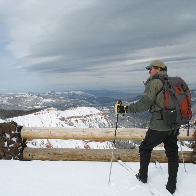 A skier stands in front of a wooden railing with snow covering the surrounding landscape.