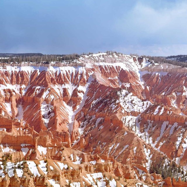 Red rock landscape with snow. 