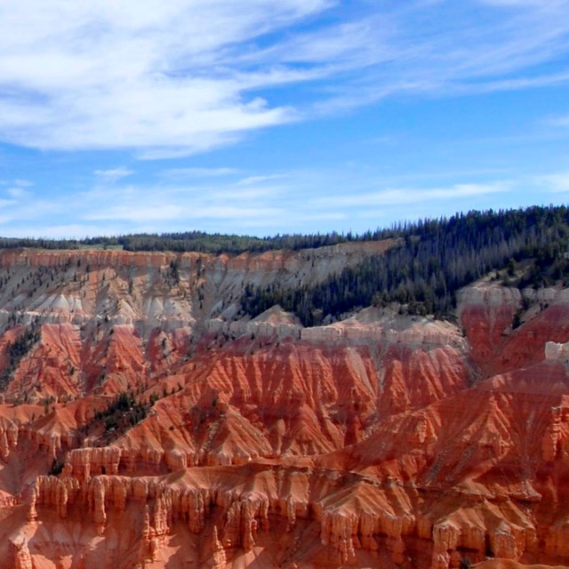 Forests and meadows grow on the edge of a massive geologic amphitheater.