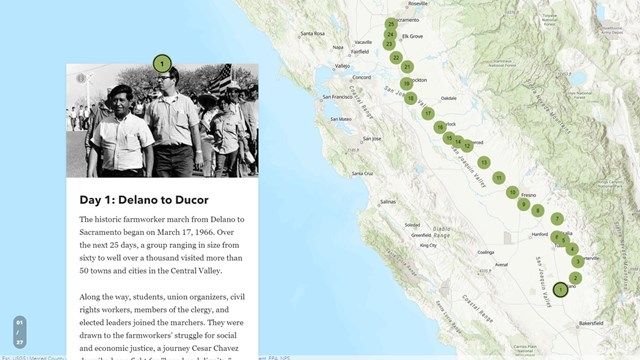 Next to a black and white photo of marchers, locations are marked along a map of California