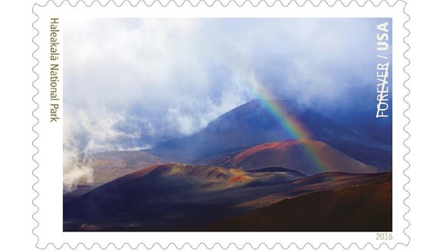 Rainbow over volcanic landscape