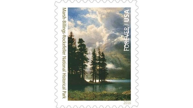 Stamp featuring a painting of Grand Tetons