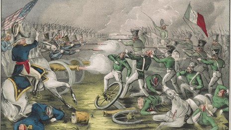 Hand-colored lithograph of Mexican and American forces facing off in battle, smoke fills the air.