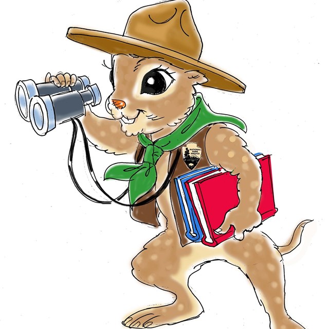 cartoon squirrel in ranger hat holding binoculars and books