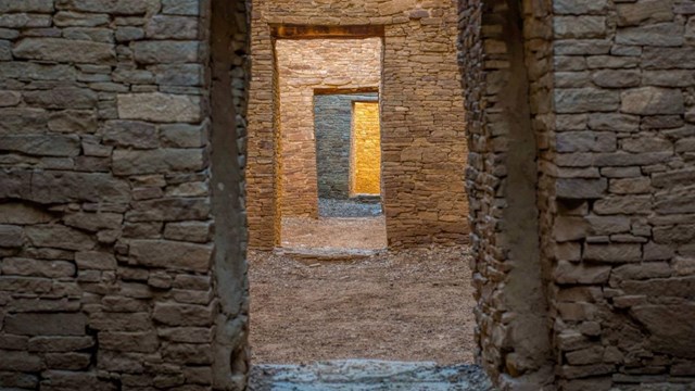A series of sandstone doorways taken inside Pueblo Bonito.