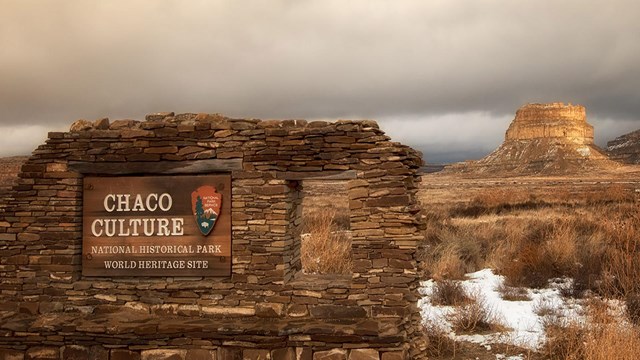 Park Entrance sign with Fajada Butte in the background. 
