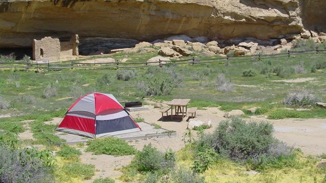 A tent is setup at the Gallo Campground