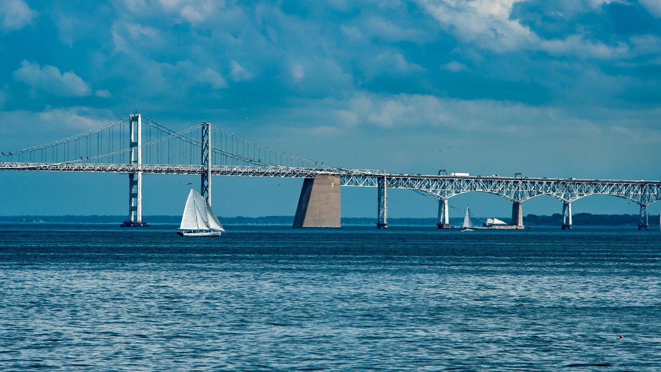 A sailboat sails in front of two large bridge spanning a large body of water.