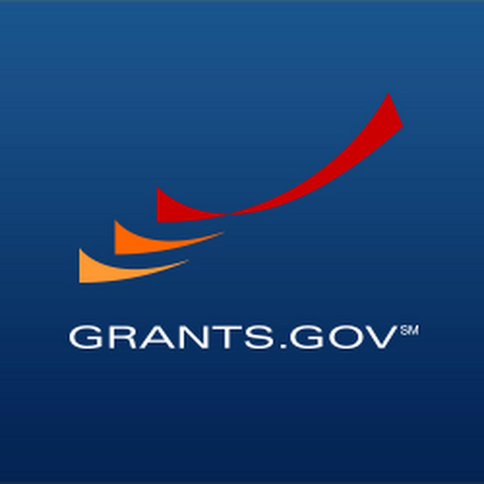 Grants.gov logo with three upward-curving yellow, orange, and red shapes above the white text.