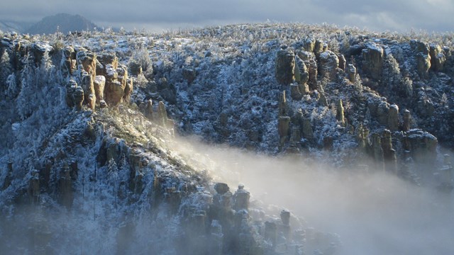 Mist covered rock formations in the winter