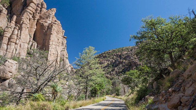 a paved road and roadside rock formations