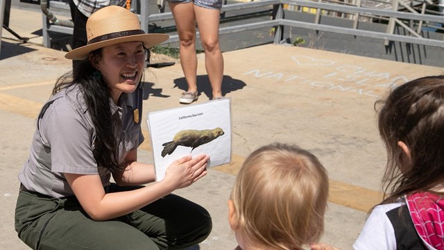 ranger shows picture of a sea lion to young children