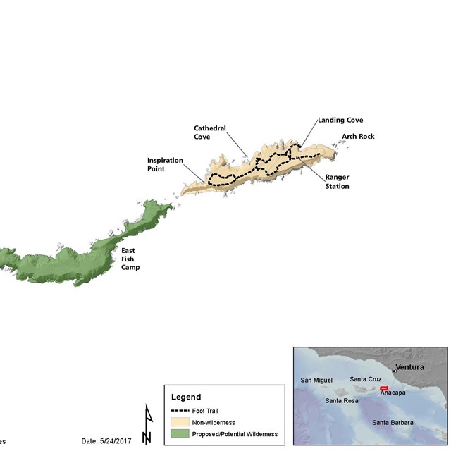 Map of 3 islets of Anacapa Island. Two of them are colored in green to designate wilderness area. 