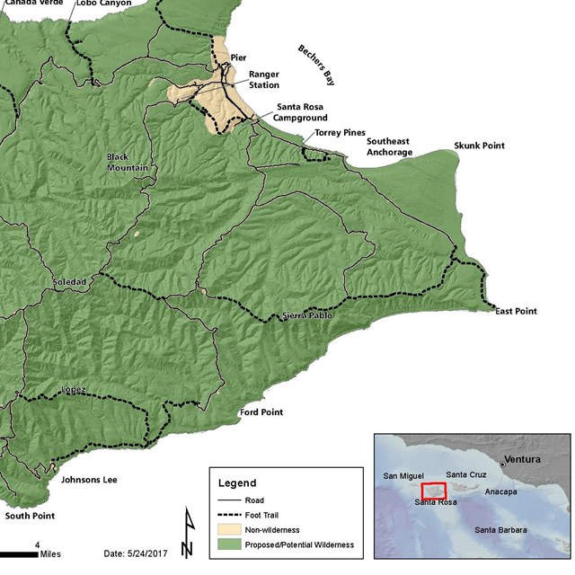 Map of Santa Rosa Island that shows roads, trails, points, canyons and wilderness area.