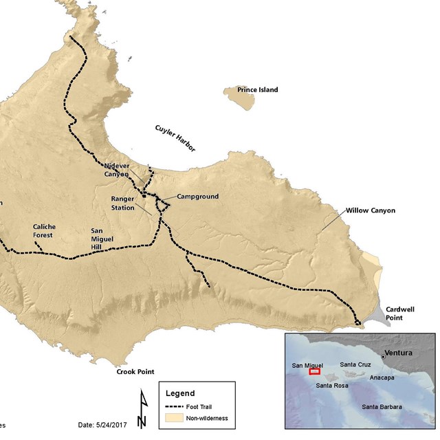 Map of San Miguel Island that shows trails and points of interest. 