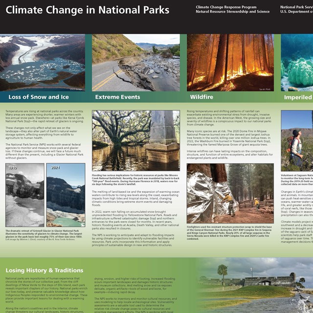 Image of brochure with photos of climate change impacts including melting glaciers and fires. 