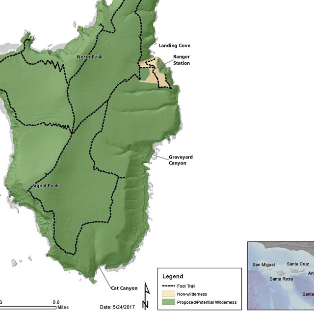Map of Santa Barbara Island that shows trails, points of interest, and wilderness area.