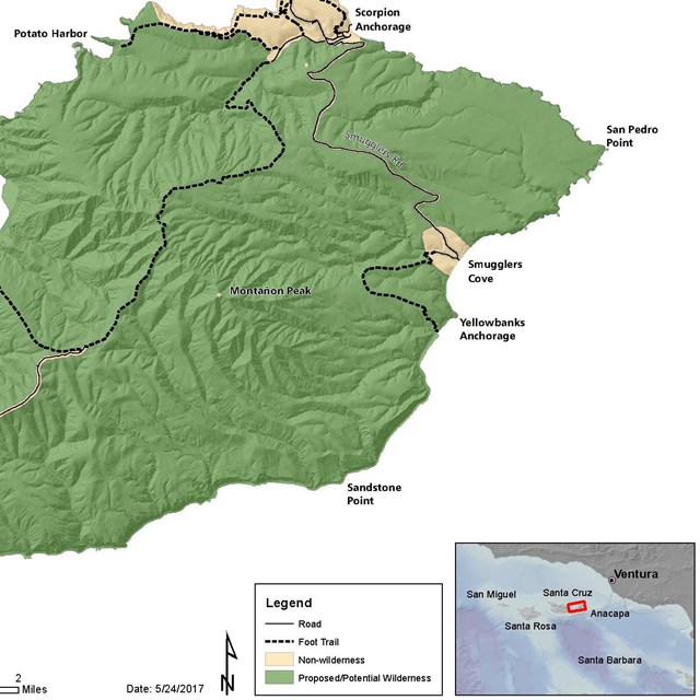 Map of eastern Santa Cruz Island that shows wilderness marked in green as well as roads and trails.