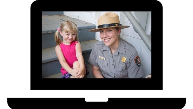 Black computer icon with picture of young girl and park ranger.