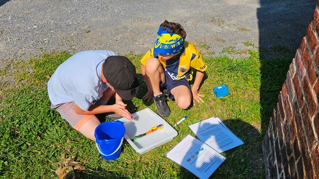 Two children crouched in the grass working on an art project.