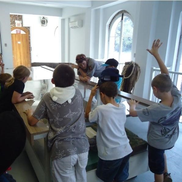 Youth surrounding a museum exhibit.