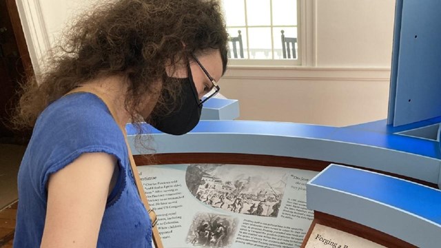 A visitor with long black hair looks at a blue colored park exhibit