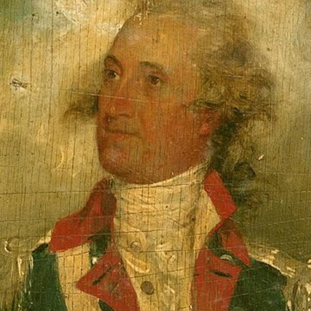 Portrait of Thomas Pinckney, wearing a blue and red uniform. 