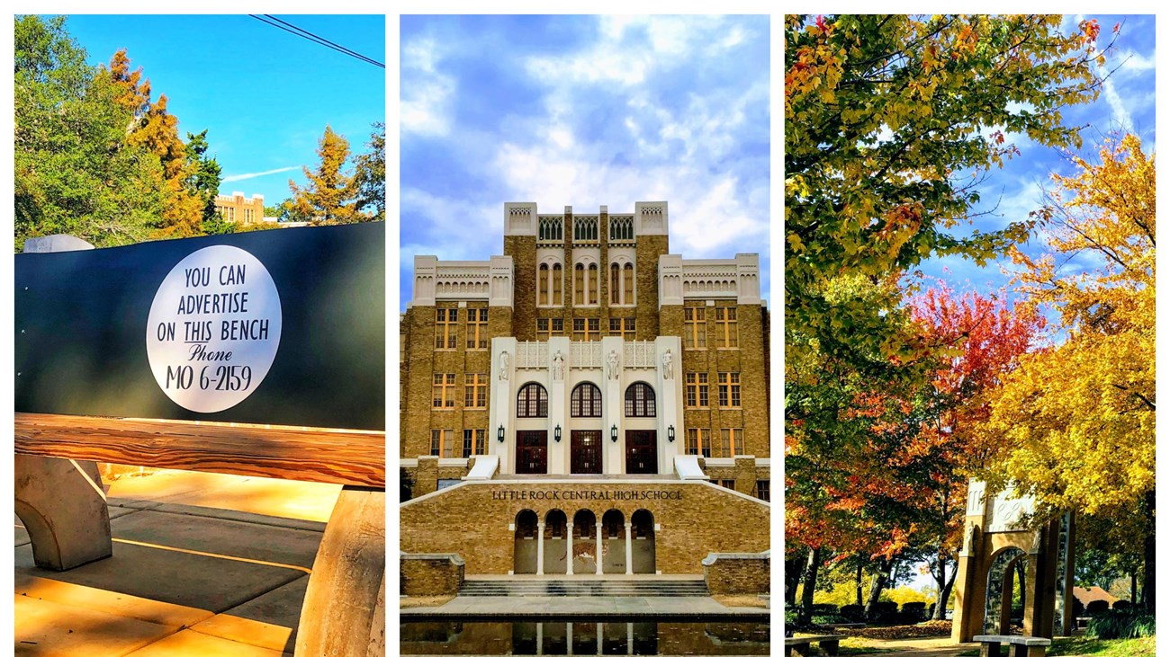 Park bench, Little Rock Central High School, and autumn trees with historic archway.