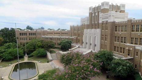 A view of the front façade of Little Rock Central High School.