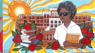 A mural depicting Elizabeth Eckford in front of Central High with books bearing the names of the 9.