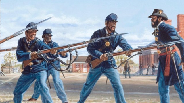 Color painting of African Americans in Civil War uniform practicing musket drill