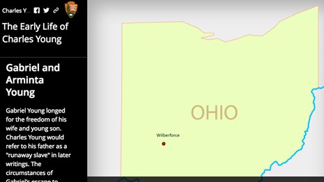A large map drawing of the state of Ohio in green with text in white letters to the left