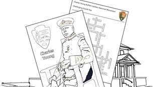 Images outlined for coloring and a crossword puzzle