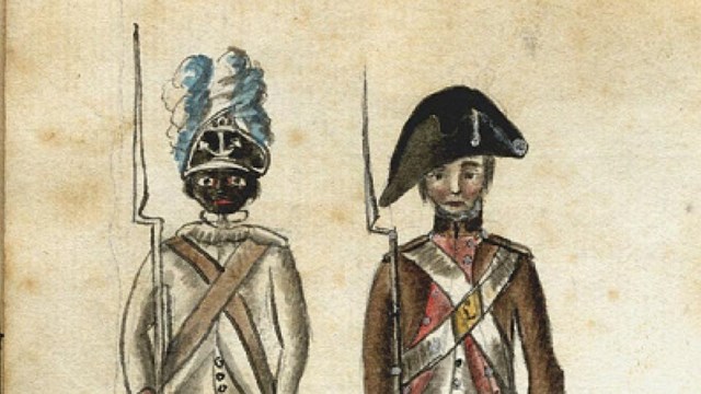 colored drawing of African American man in Revolutionary War uniform