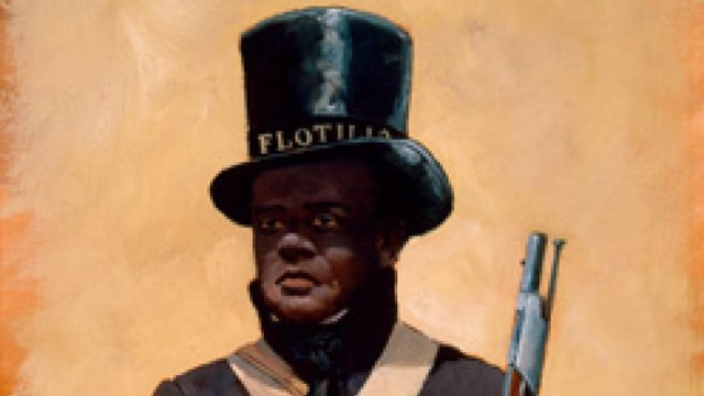 Color painting of African American man in militia uniform of the War of 1812.