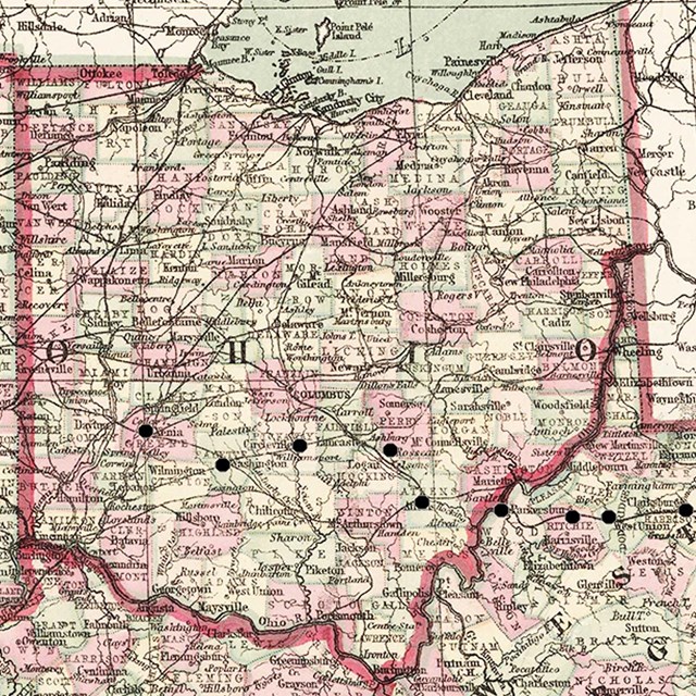 An old map showcasing the states of Ohio, West Virginia, Maryland and Virginia