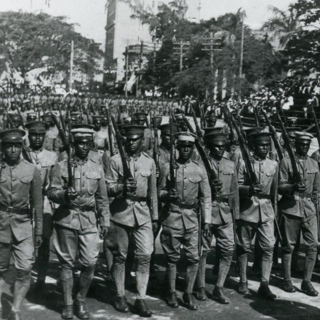 Several Black soldiers standing in neat rows and at attention holding rifles on their R shoulder