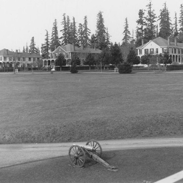 A large grassy area with three big buildings in the background in front of trees & a canon in front