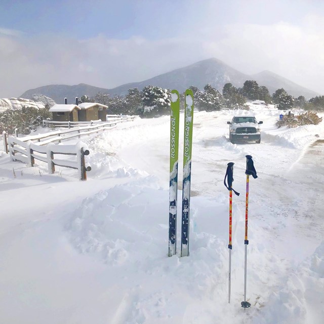 Cross-country skiing in City of Rocks. 