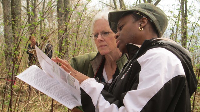 two women examine a pamplet in a forest setting